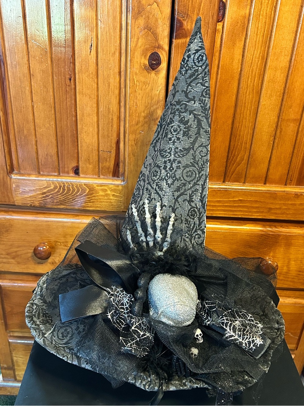 Black Gothic Witch Hat with Silver Skull Accent - Unbranded